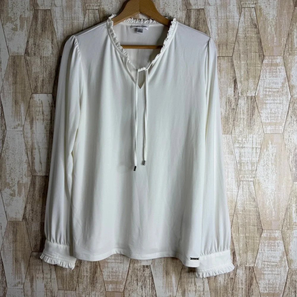 Calvin Klein Womens White Long Sleeve Ruffle Neck Tie Blouse Top Plus‎ Size L